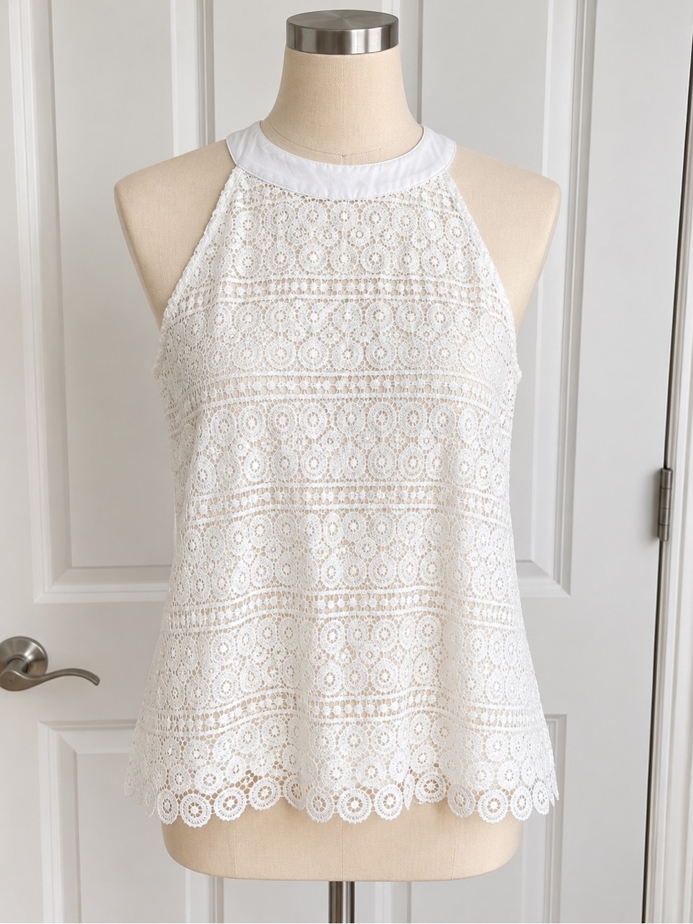 Solitaire Cream Lace High-Neck  Sleeveless Blouse Top